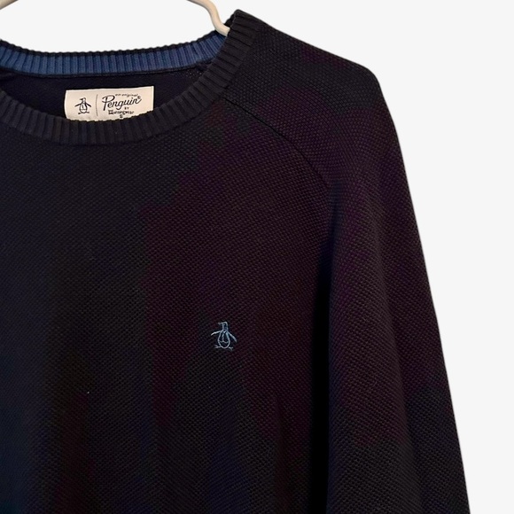 Original Penguin Men’s Blue Cotton Knit Sweater Large Logo Crewneck - Picture 2 of 3